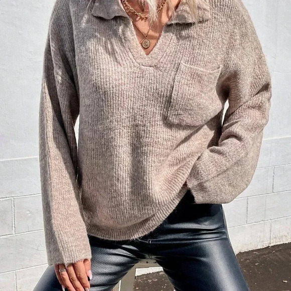 Khaki Casual Women's Pocket Front Drop Shoulder Sweater - Picture 5 of 6